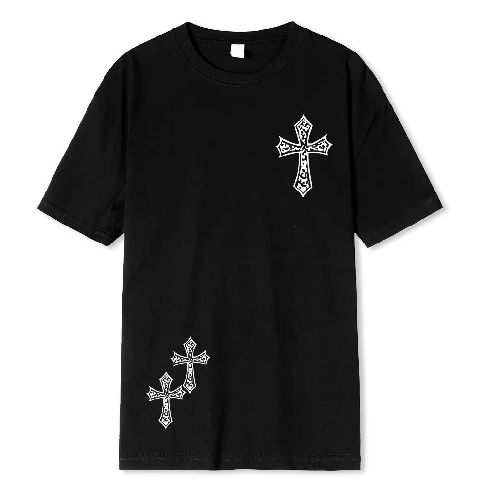 Black Diamond Cross Printed T-shirt, Summer Gothic Harajuku Short Sleeved T-shirt, Anime Hip Hop T-shirt, Men's Large T-shirt