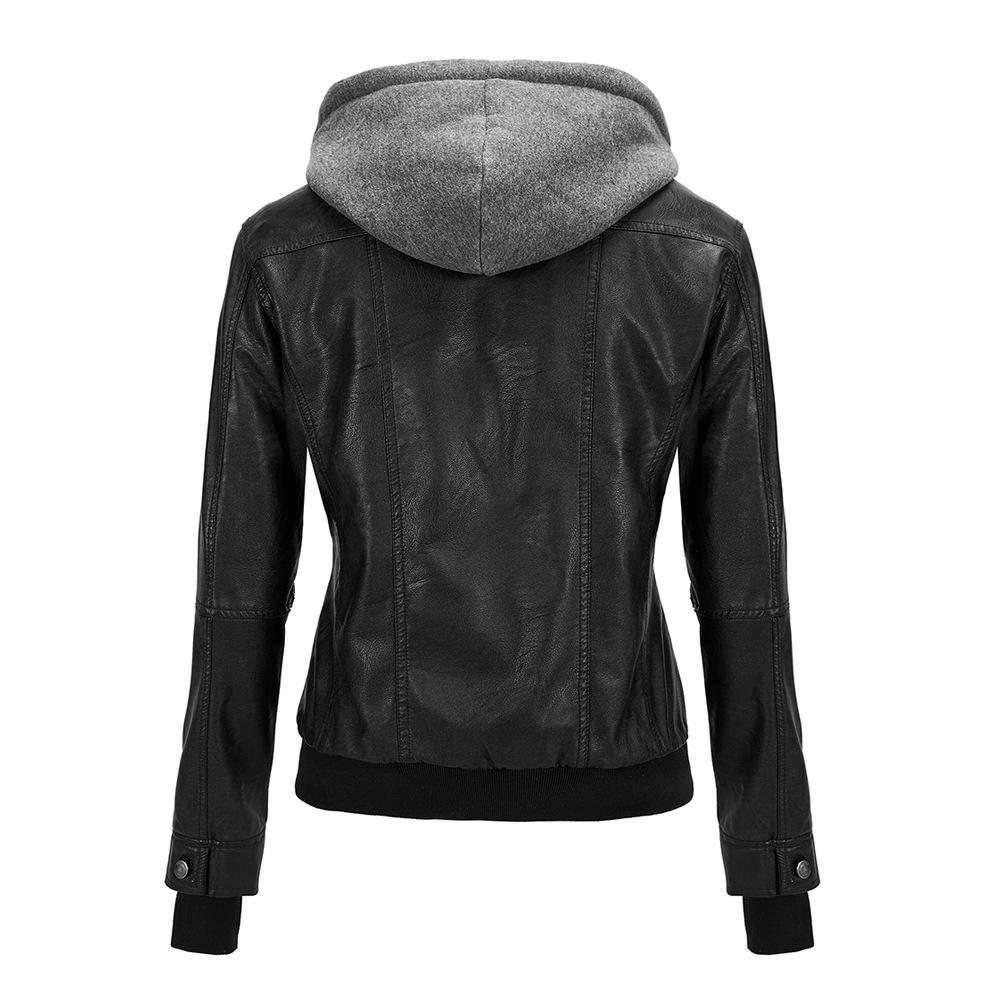 Grenzüberschreitende Damen Slim Motorradlederjacke mit abnehmbarer Kapuze - Herbst/Winter Modetrend