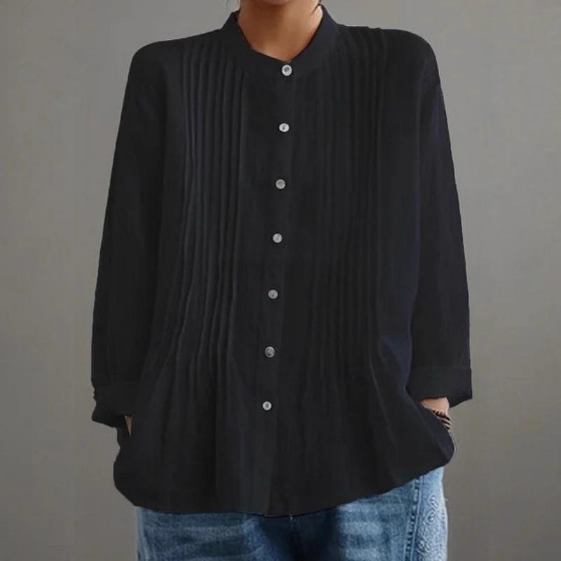 Women Light Blue Pleated Stand Collar Long Sleeve Linen Blend Button Up Shirt S чёрный