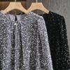 Camiseta Feminina Outono com Lantejoulas Manga Longa Gola Redonda Elegante Camada Base Top