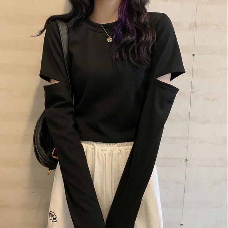 Langermede T-skjorter Kvinner Løse Hotsweet Hollow Out Crop Tops Studenter Mote Enkel All-match Våren Uformelt koreansk stil Ins