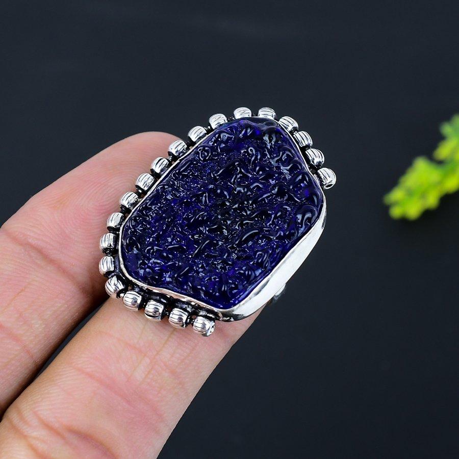 Blue Moldavite Gemstone Handmade 925 Sterling Silver Jewelry Ring Size 7 G2K32