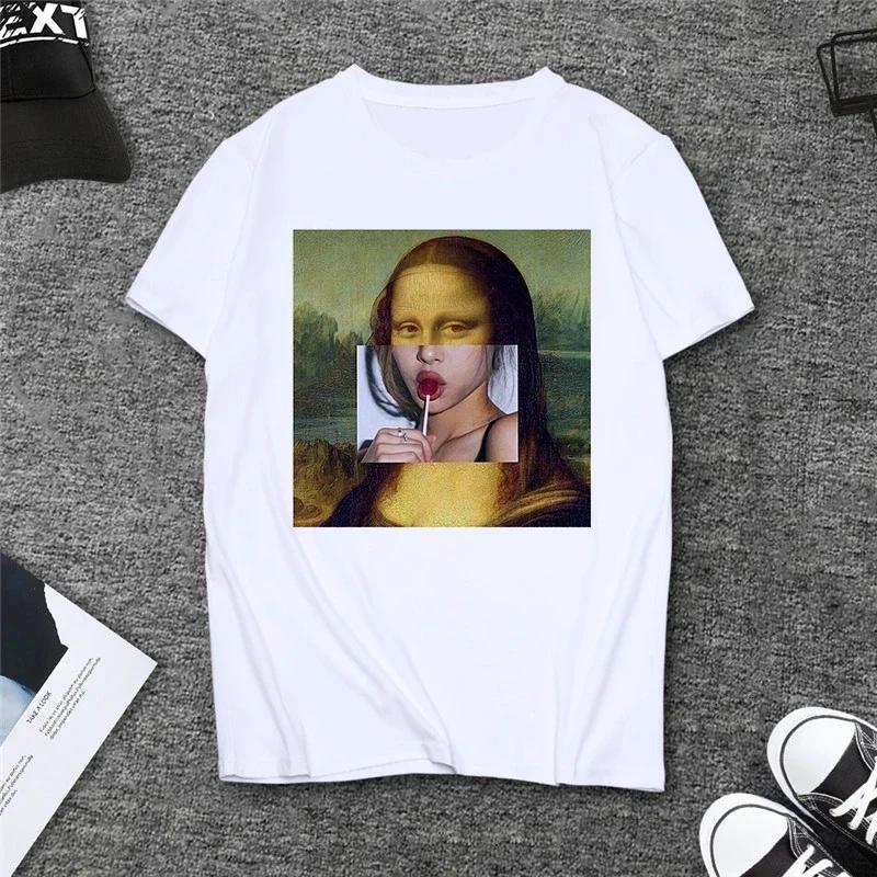 Summer Spoof Mona Lisa Drink Beer Print T Shirts Women Aesthetics Funny Casual Short Sleeves Tops Female Sleeved Harajuku