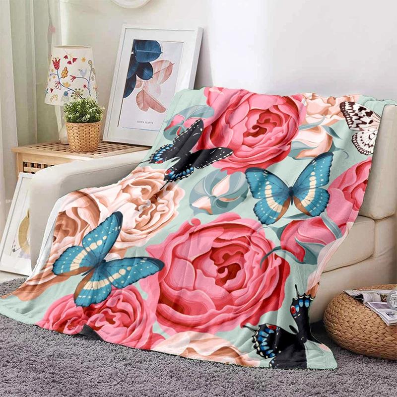 Pink Rose Flowers Printed Blanket for Sofa Bed Travel Camping Living Room Office Conditioning Blanket for All Seasons Gifts