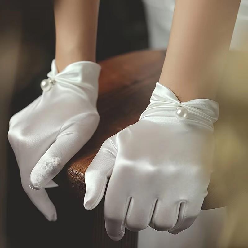 Minimalist Summer Sun Protection Gloves, Sheer Short Satin Wedding Dress, Bride White Elastic Pearl Gloves