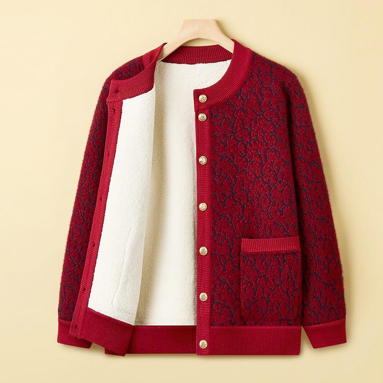 Mom's Fashionable Plus Velvet Thickened Sweater Middle-aged Fashion Cardigan Top for Women In Autumn and Winter Fashion Knitted Jacket