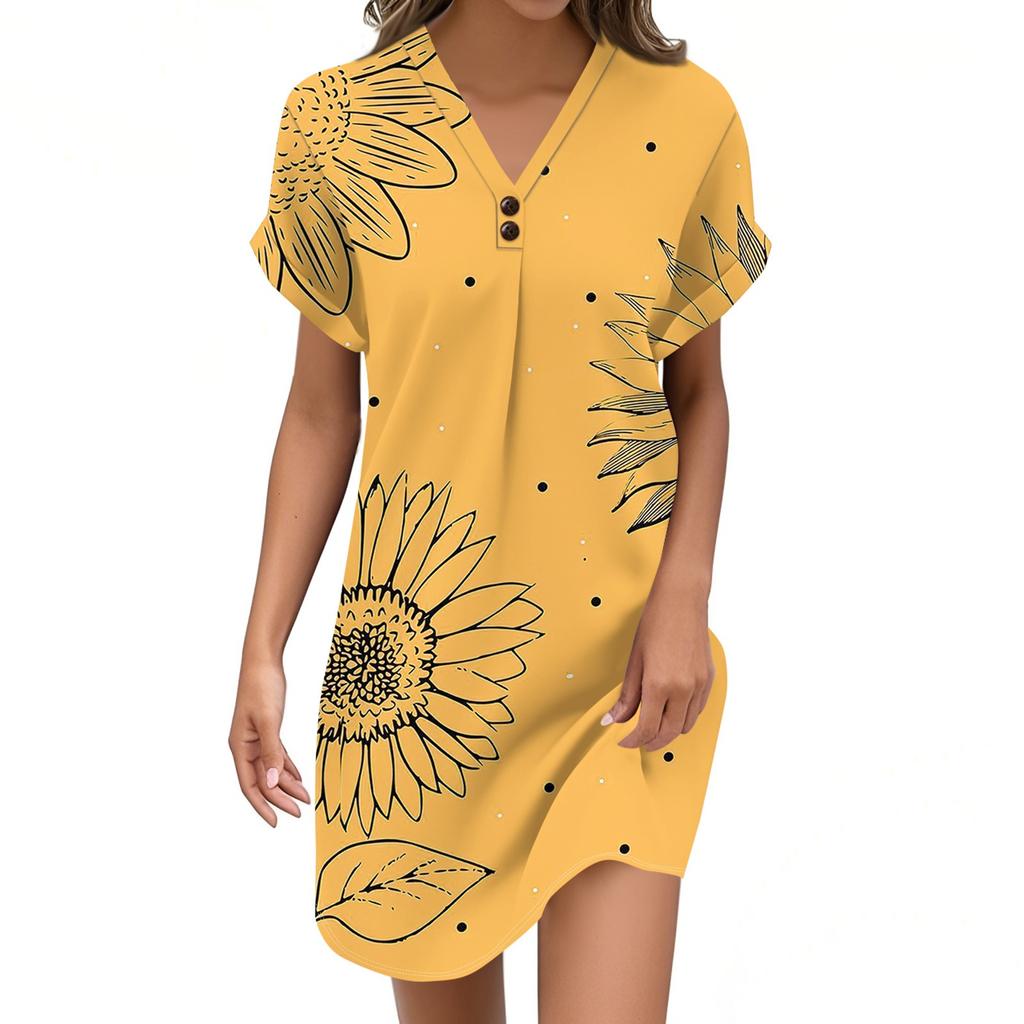Women's V-neck Vintage Floral Print Pullover Casual Button Dress