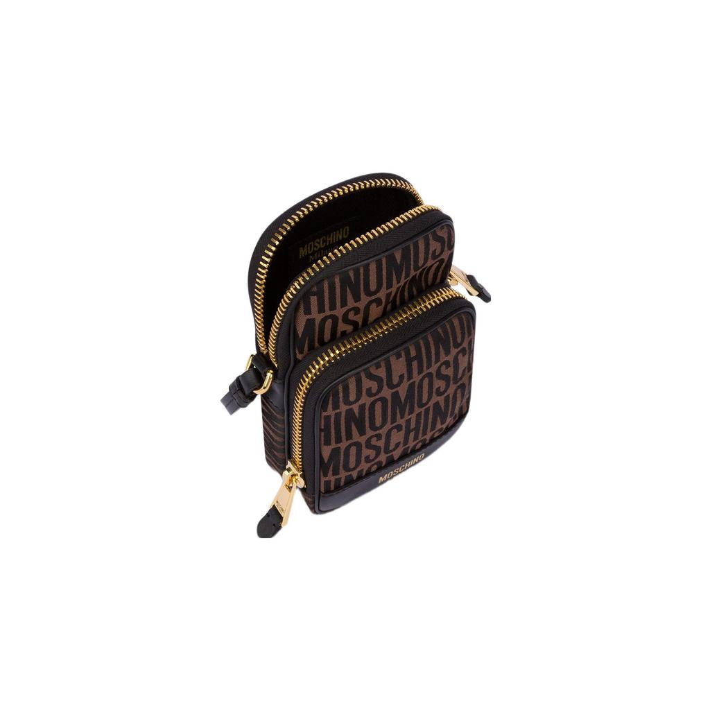 Moschino Gold Logo All Over Print Zipper Pocket Cotton Polyester Shoulder Crossbody Phone Bag Men bags Brown Black A81018268-1103