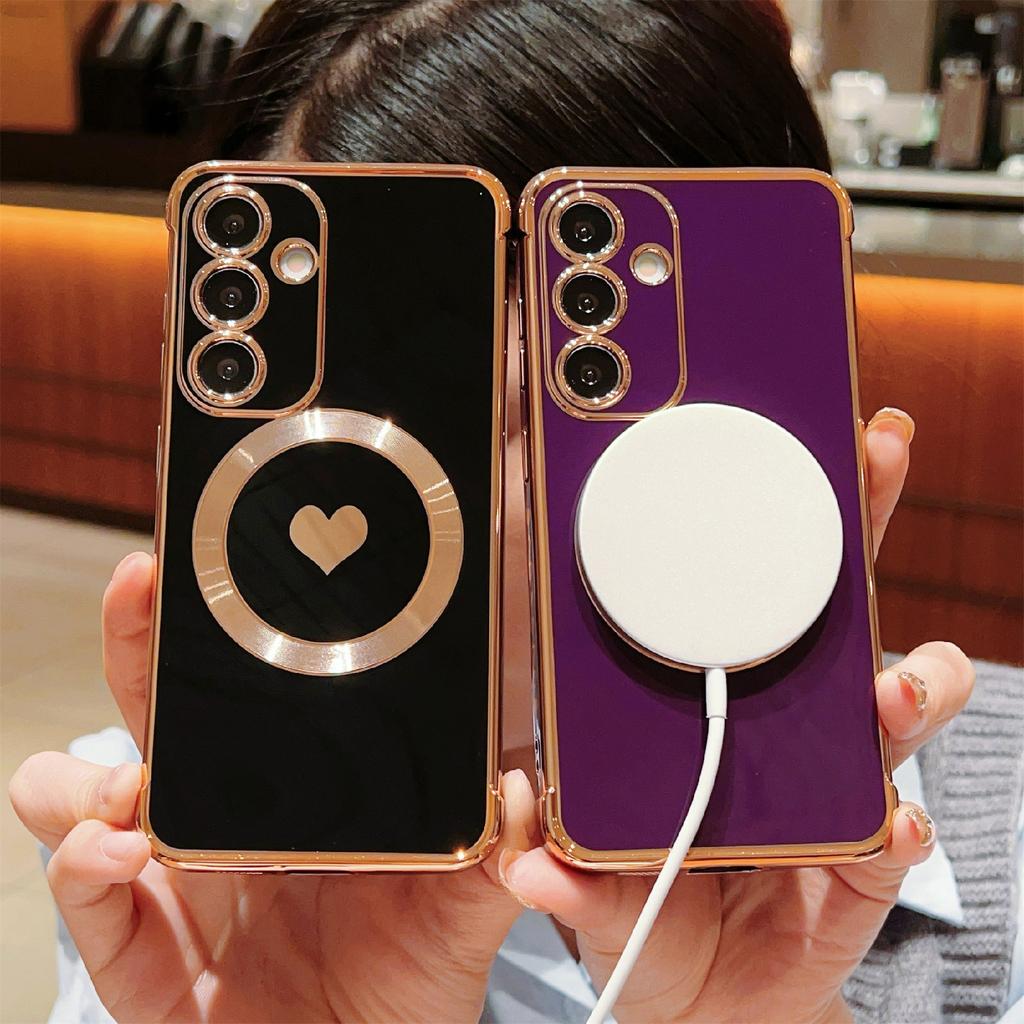 For Samsung Galaxy S26+ Magnetic Case Electroplating Soft TPU Cover with Cute Love Heart