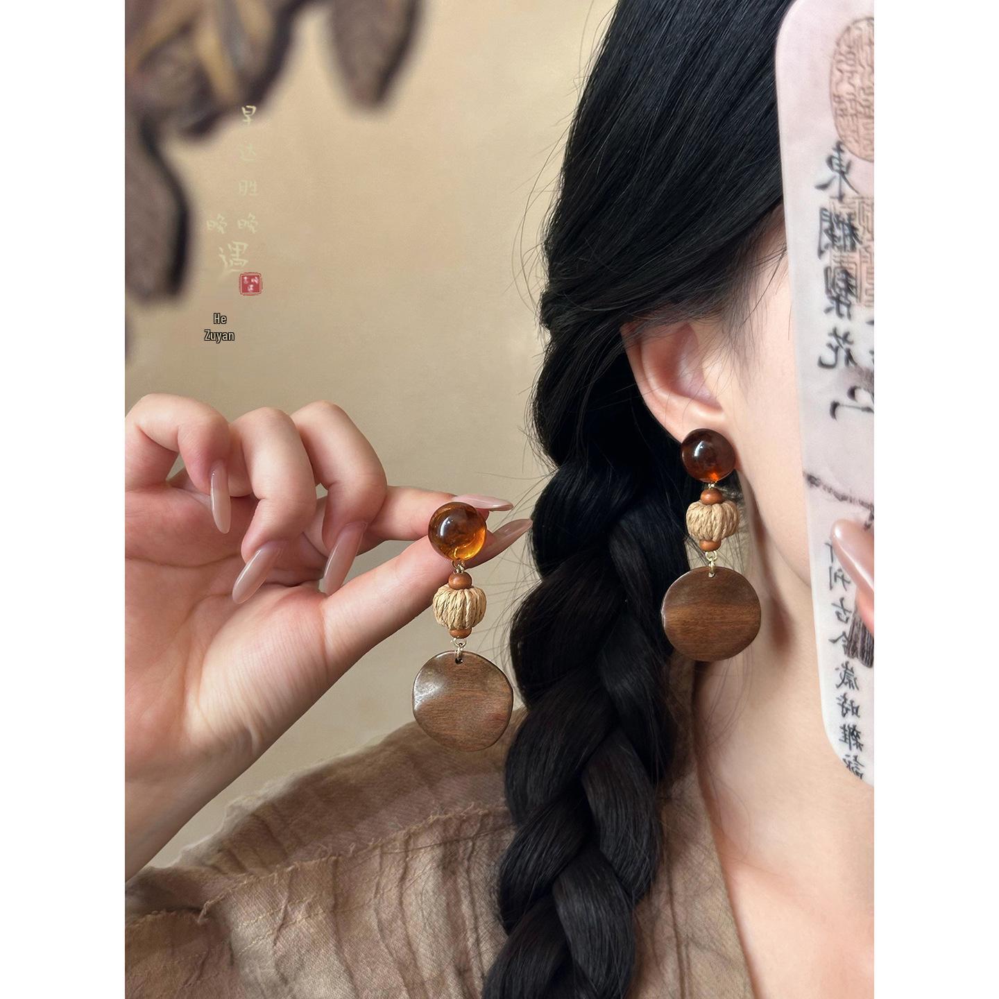 Tiger Eye Geometric Wooden Earrings: Retro Chinese Style, Ethnic & Elegant Autumn Winter Jewelry for Women