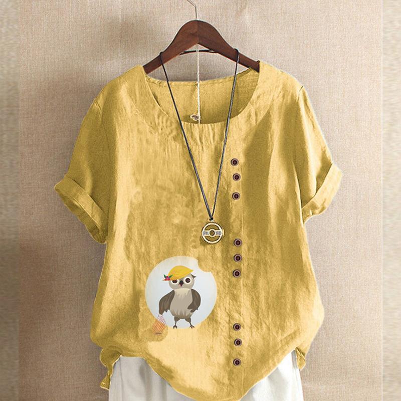 Women's Fashion Owl Prined Short Sleeve T-shirt Loose Cotton Shirt Casual Loose Summer Blouse Tops Plus Size