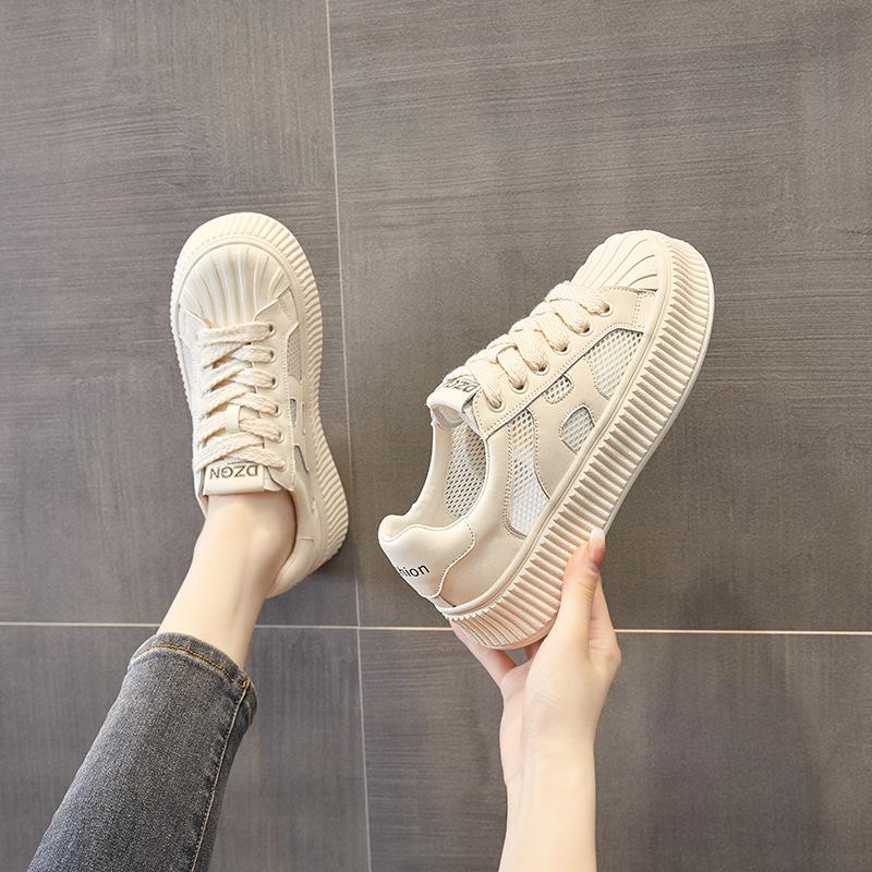 Platform White Shoes Women's New Shell Head Mesh Breathable Biscuit Shoes Versatile Sports Style Casual Board Shoes Flat Shoes