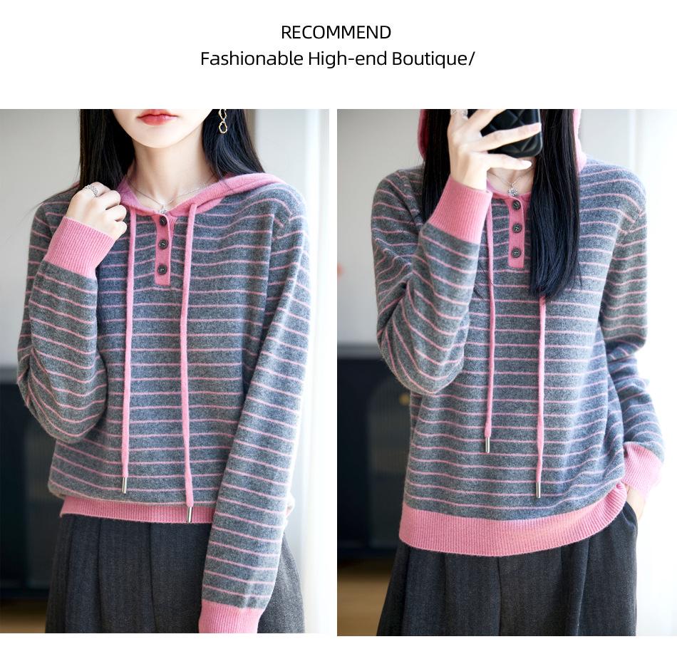 Damski sweter z kapturem ze 100% czystej wełny - Nowy luźny fason dzianinowy jesienno-zimowy