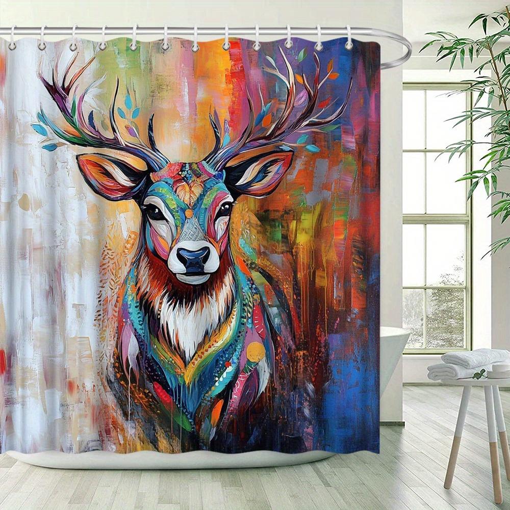 Majestic Deer Shower Curtain - Kaleidoscopic Antlers, Colorful Swirling Fur, Abstract Nature Fantasy, Polyester Bathroom Decor