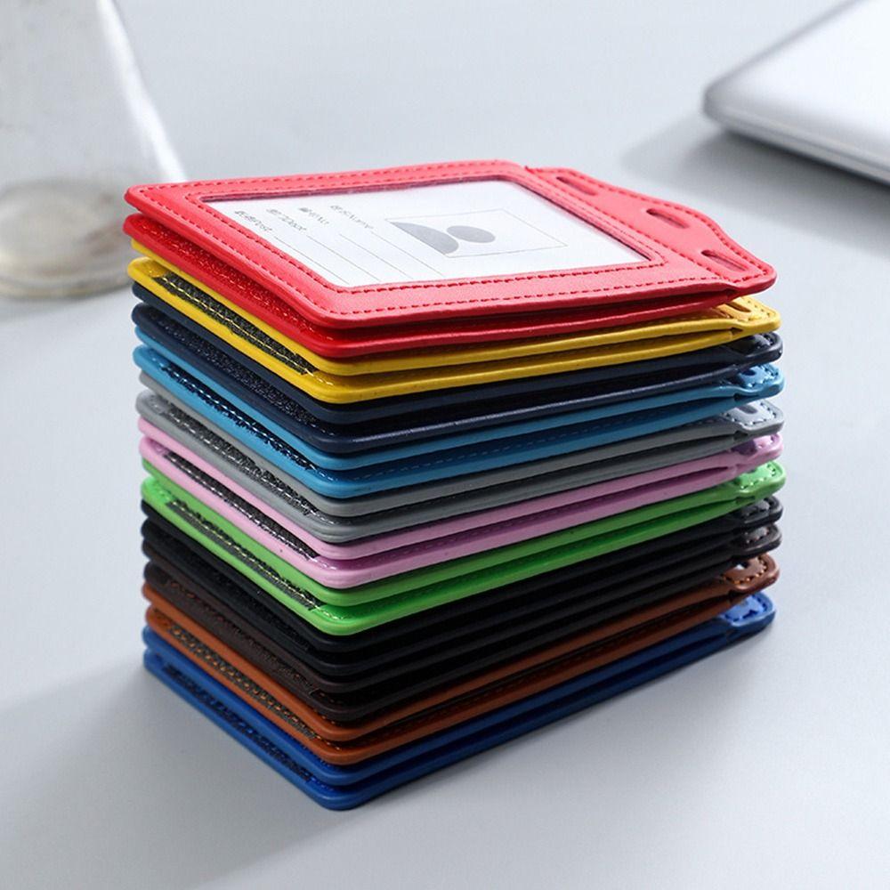 High Quality PU Leather Work Card Holder With Neck Lanyard Solid Color ID Card Cover ID Badge Holders Business