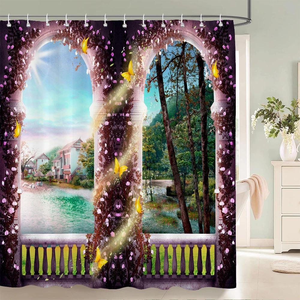 3D European Rural Flower Landscape Printing Bathroom Waterproof Shower Curtain Polyester Bath Curtain Home Decoration Curtain