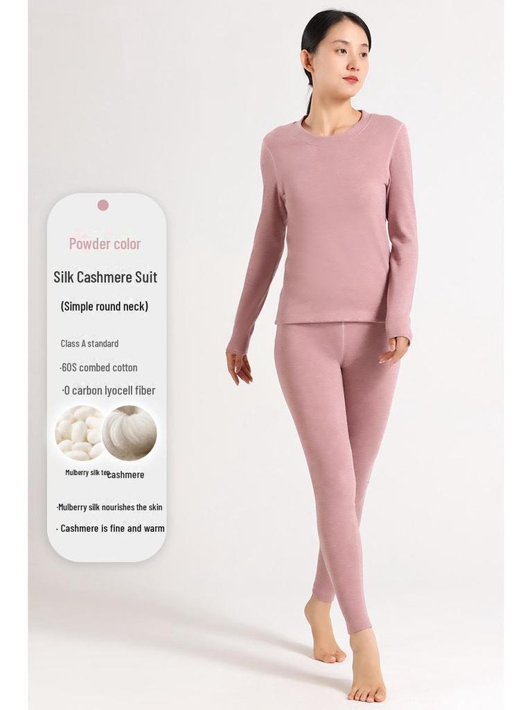 Women's Thermal Cashmere Underwear Set: Meiyabi Silk-Infused Velvet, Round Neck, Class A, Close-Fitting Autumn Top & Trousers.