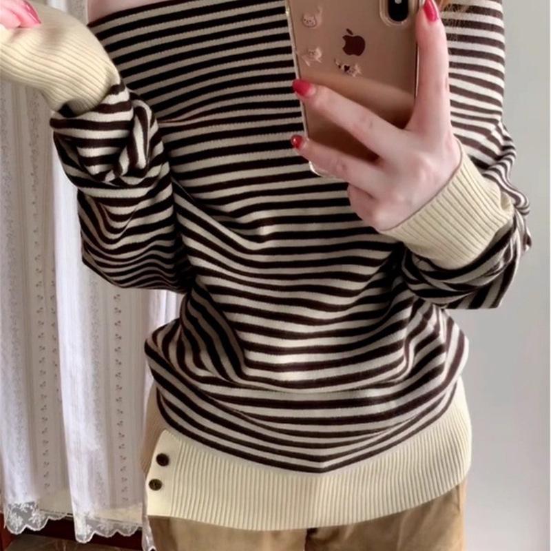 Korean Casual Retro One-Shoulder Striped Knitted Sweater for Women - Early Autumn 2025 Collection