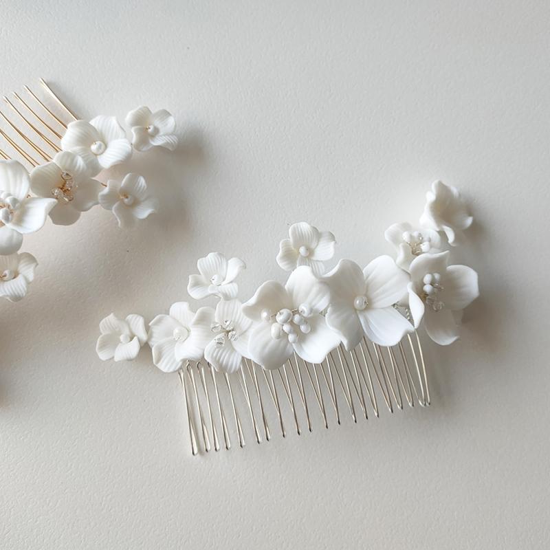 Romantic White Ceramic Flower Bridal Hair Comb Bridesmaid Wedding Accessories Hair Piece Jewelry
