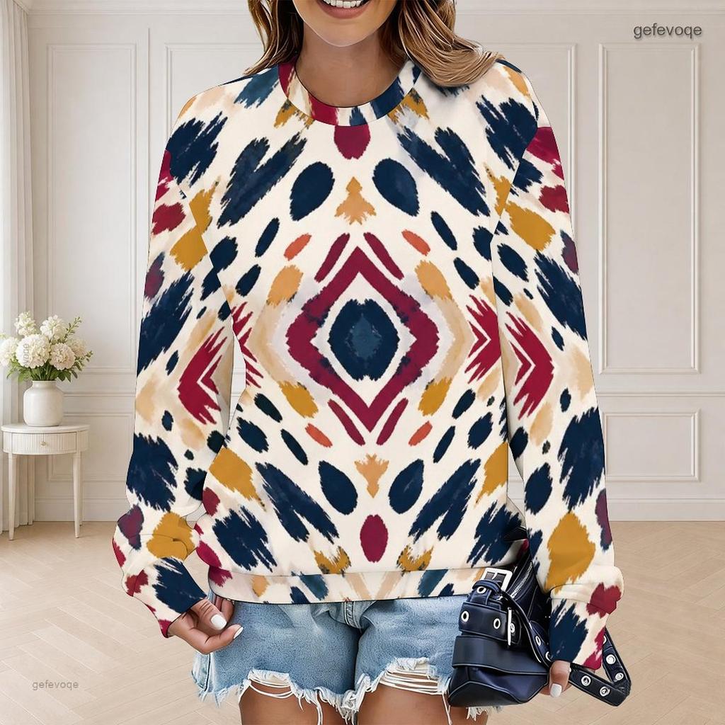 Women Plus Size Round Neck Long Sleeve Multicolor Printed Pullover Sweatshirt