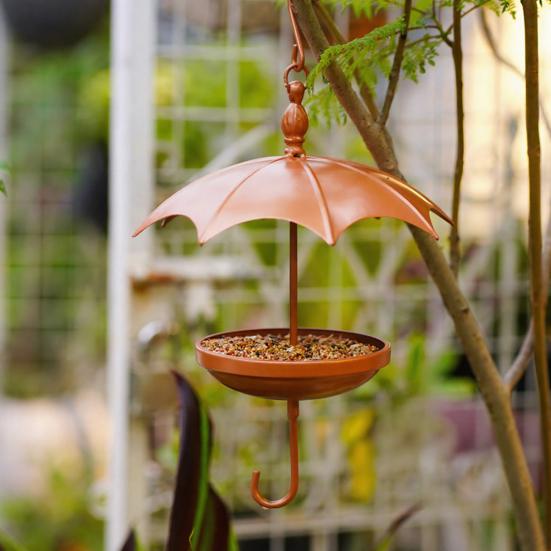 Umbrella-Shaped Bird Feeder Rustic Outdoor Wildbird Feeder with Rain Guard Decorative Hanging Platform Seeds Tray for Courtyard Balcony