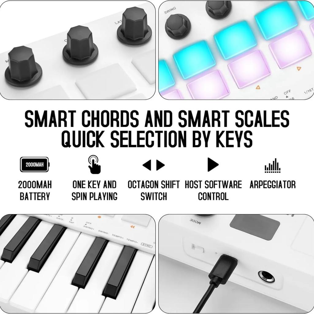M-VAVE SMK-25 II 25 Key MIDI Controller Keyboard USB Mini 16 RGB Drum Pads 8 Knobs with Music Production Software Included