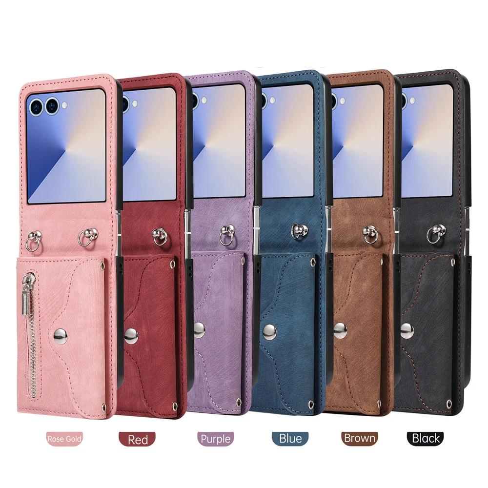 Leather Crossbody Zipper Wallet Phone Case for Samsung Galaxy Z Flip Card Holder Cover for Models 7 6 5 4 3 Flip7 FE Flip6 Flip5