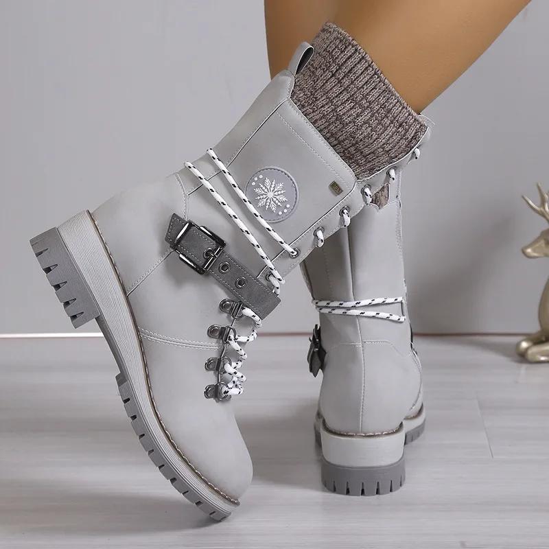 Women Winter Boots Buckle Lace Lady Mid-calf Boots Low Heel Round Toe Quality Warm Shoes Botas De Mujer