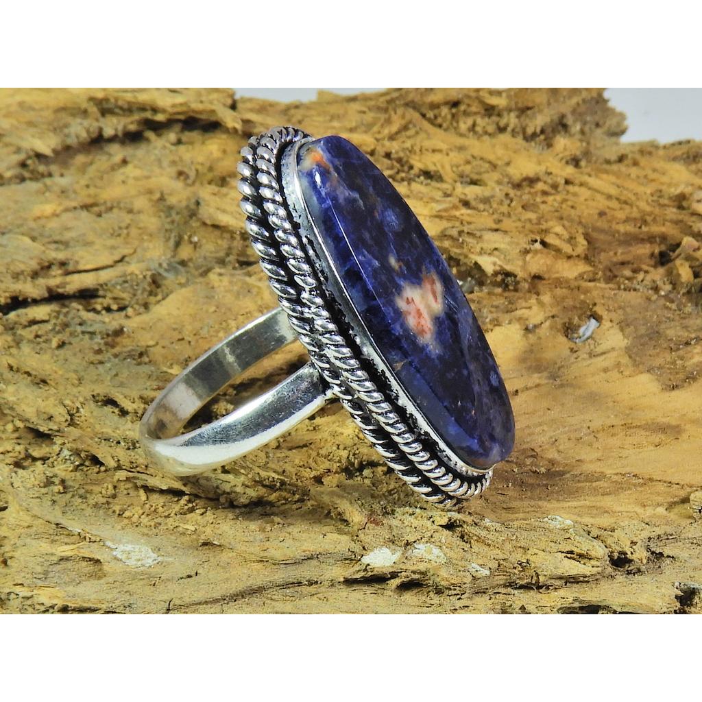 Natural Blue Sodalite 925 Solid Sterling Silver Ring Size US-9 PG-148