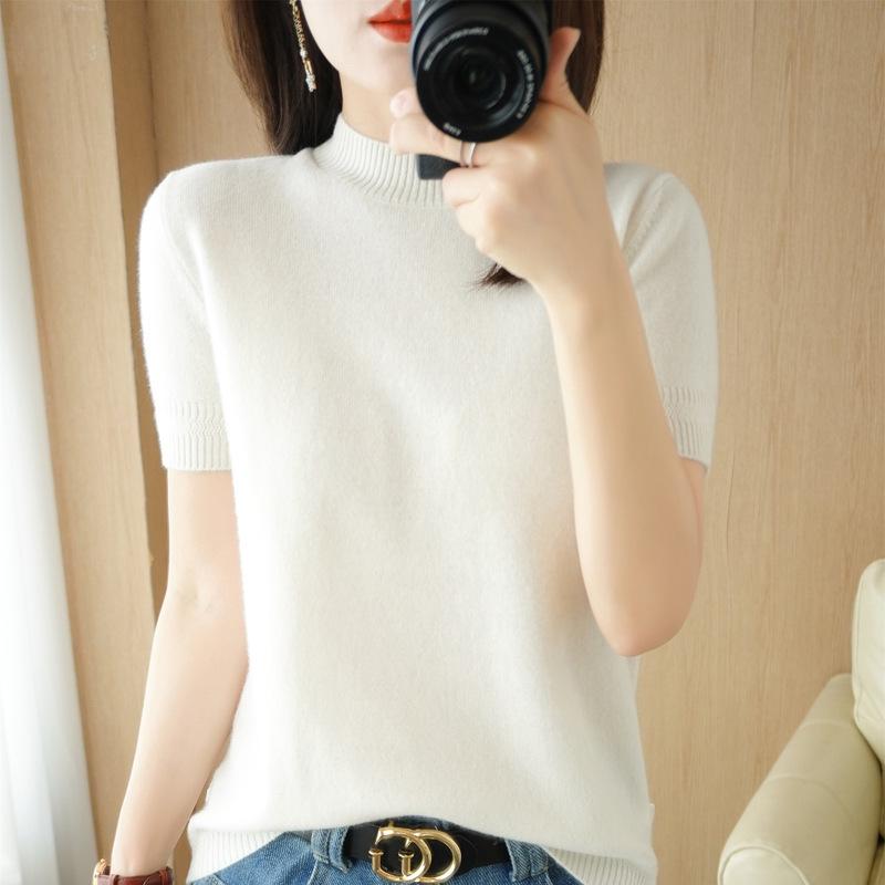 2025 Women's Loose Fit Short-Sleeve Knitted Sweater - Half-High Collar, Lightweight for Spring & Autumn