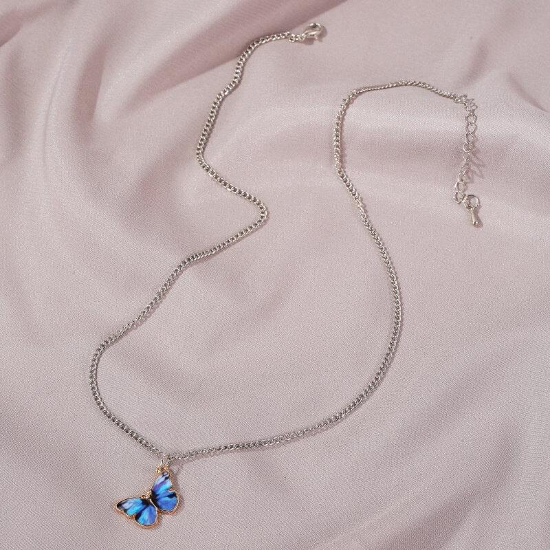 Blue Purple Butterfly Necklace for Women Trendy Simple Dangle Clavicle Chain Metal Necklaces Bracelets Jewelry Gifts