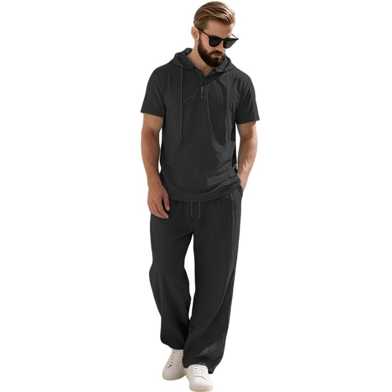 

Mens Casual Solid Color Short Sleeve Hooded Top And Pants Set S чёрный
