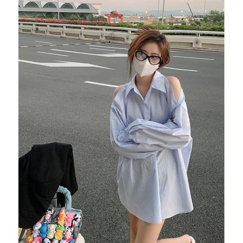 Полосатая рубашка женская весна осень новая свободный дизайн с открытыми плечами модная шикарная повседневная уникальная рубашка S синий