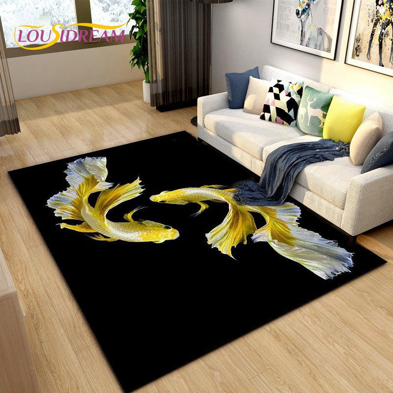 Covor de zonă 3D Fish Golden Arowana Betta Fish, covor pentru sufragerie, dormitor, canapea, covoraș, decor, covoraș anti-alunecare pentru joacă pentru copii