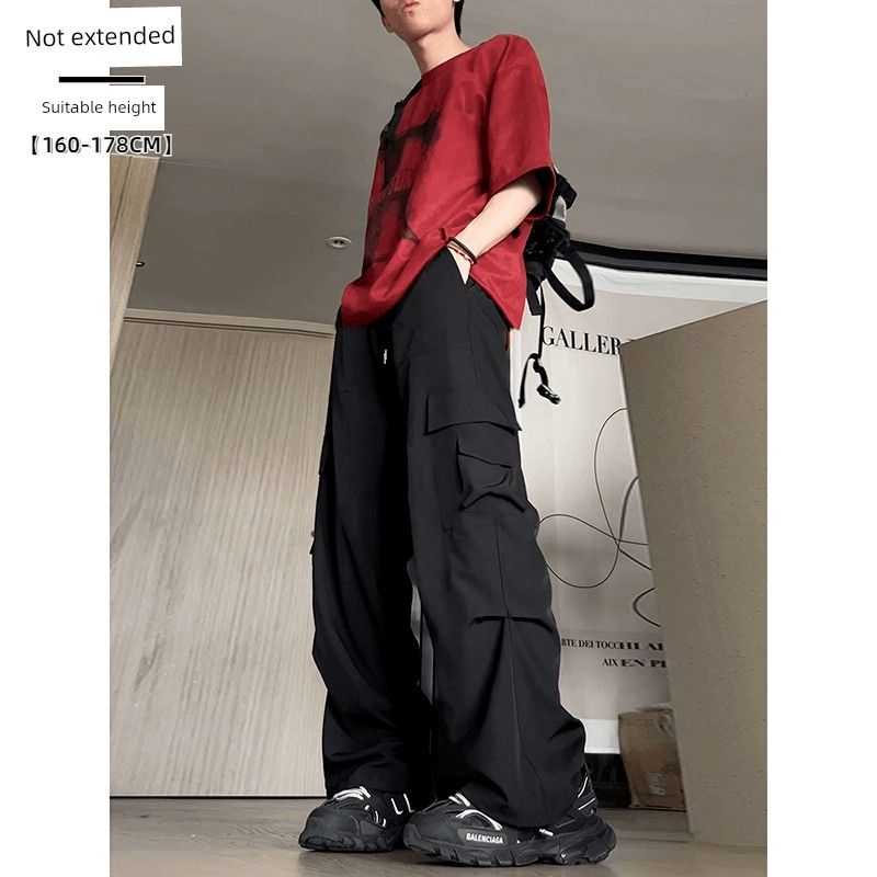 Large Pocket Cargo Pants for Men, Autumn Style, Black, Extended Length, Tall Men's Pants, Casual Straight-Leg Sweatpants