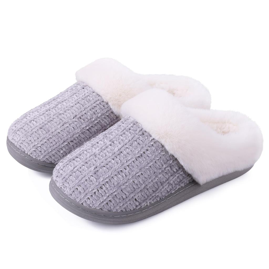 Fashion Smile Warm Knit House Slippers for Women Soft Comfy Wool-Like Lined Chenille Slippers with Memory Foam Indoor Winter Fuzzy Shoes