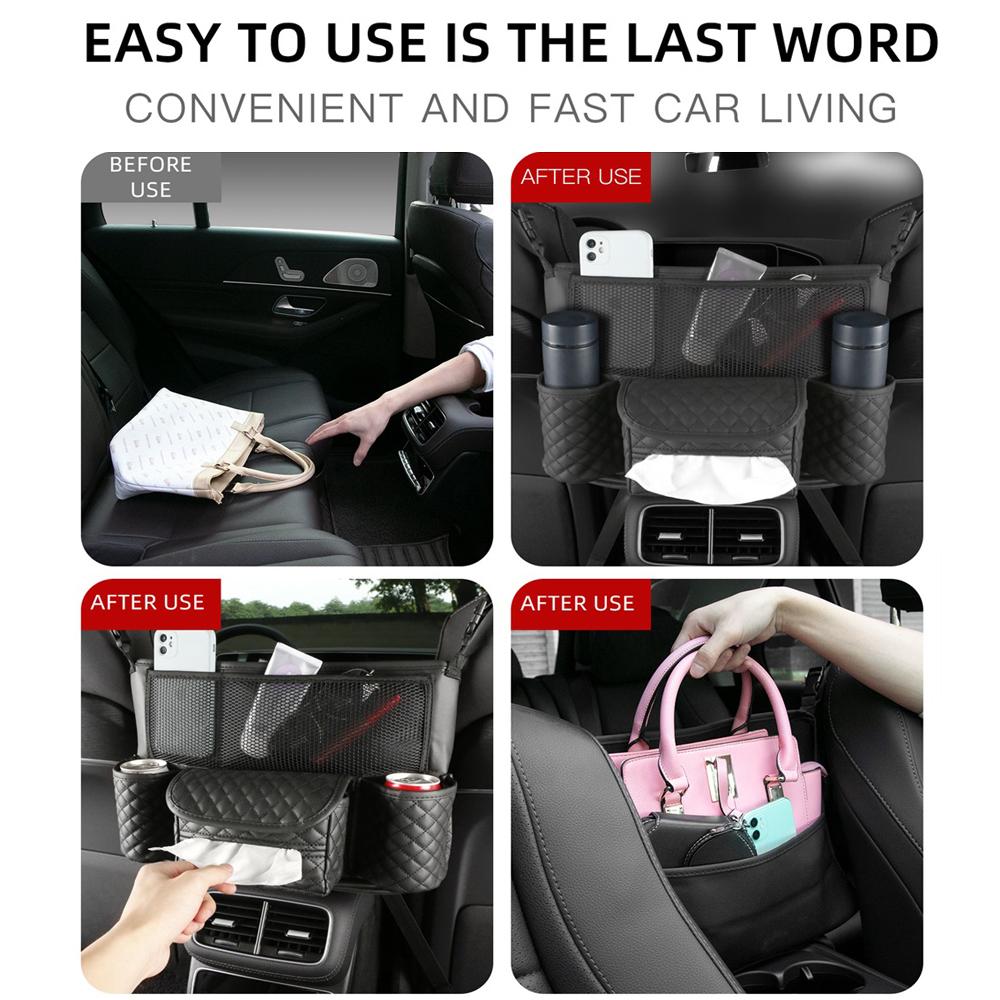 Car Seat Middle Hanger Storage Bag Large Capacity Auto Handbag Holder PU Leather Between Seats Tissue Water Cup Pockets