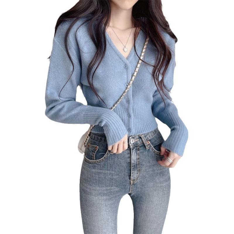 Women's Knitted Cardigan Autumn and Winter New Item Solid Color Slim Fit Short Sweater Cardigan