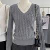 Damen College-Stil V-Ausschnitt Zopfmuster Pullover Langarm Strickoberteil