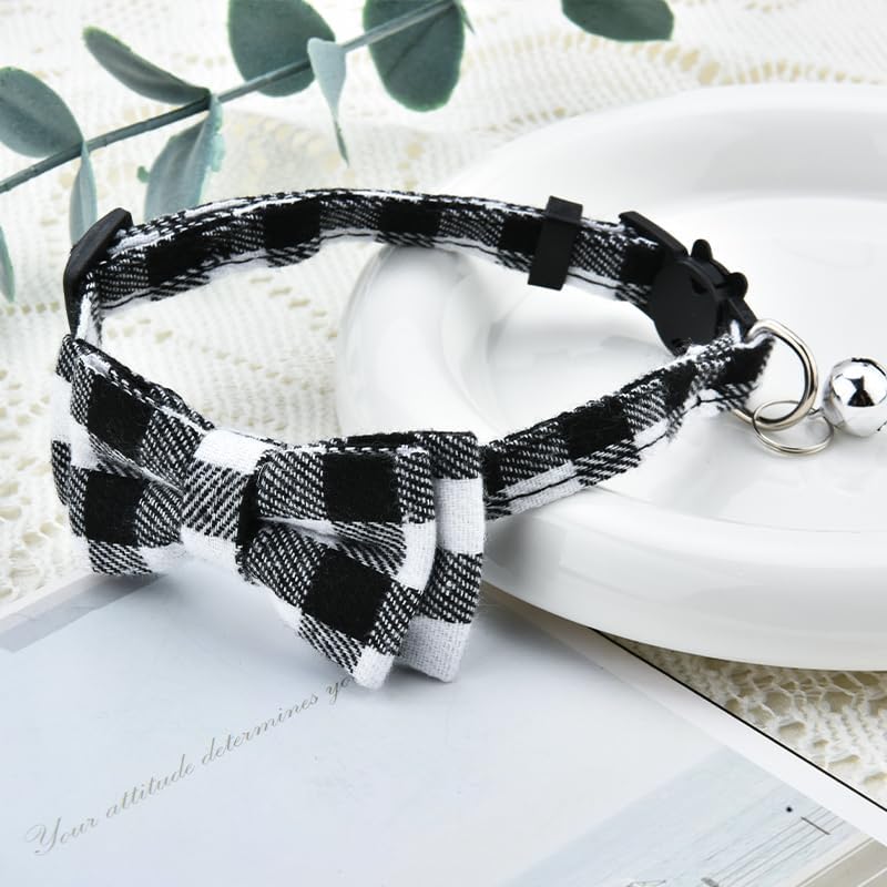 Dog Cat Collar Bowtie Breakaway Adjustable Cat Collar with Bow Tie for Cat Black and White Bow Tie Collar for Cats Dog with Bell Collar for Small
