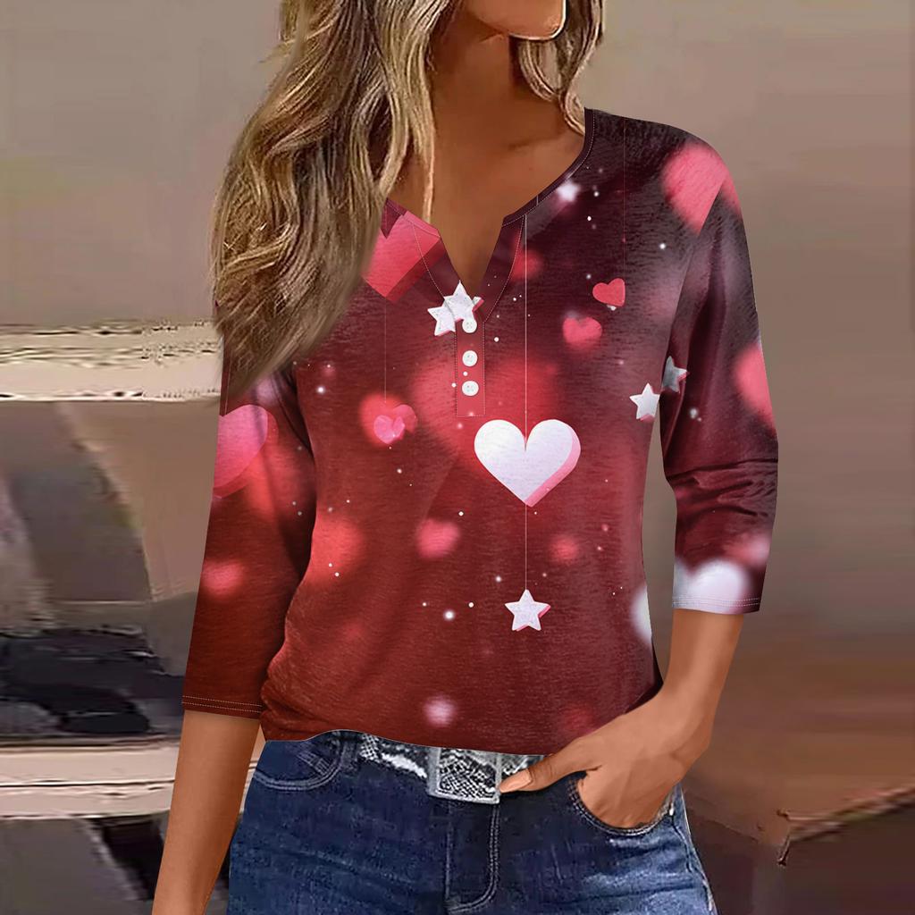 Damen Kragen Valentinstag Print Kurzarm T-Shirt Top
