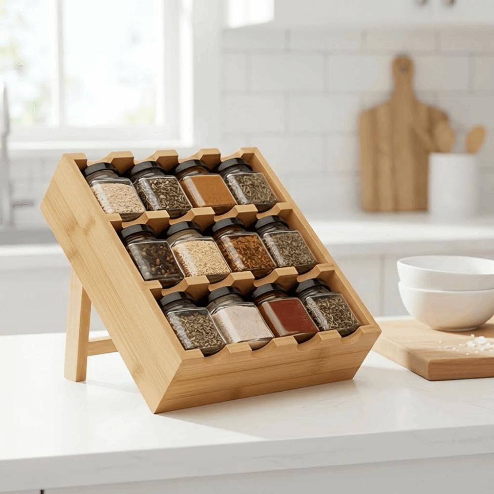 Wooden 12 Grids Spice Rack Space Saving Large Capacity Condiment Storage Shelf with Storage Jars Spice Organizer For Kitchen