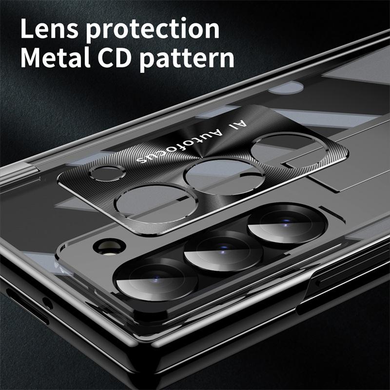 For Samsung Galaxy Z Fold 6 5 4 3 Transparent Plating PC Hinge protection Full Body Stand Pen Slot Case with Tempered Glass