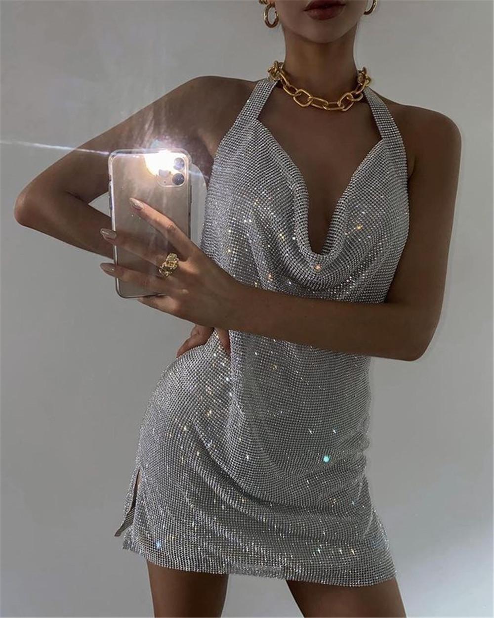 

Платье для ночного клуба со стразами, на тонких бретельках, с глубоким V-образным вырезом сзади и открытой спиной YX1401 Small