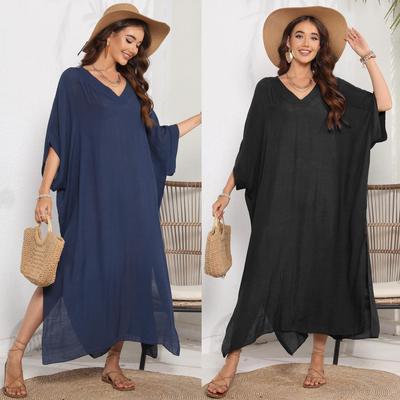 Summer Women's Beach Cover Up Plus Size V-Neck Loose Casual Dress Split Floor Length Dress Swimwear Cover Up EMA