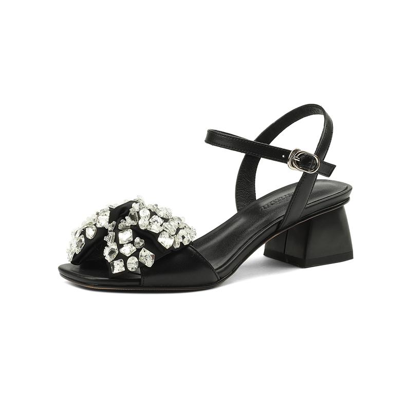 Fashion Women's New Summer Crystal Bow Leather Cowhide Breathable Open Toe Loose Grip Princess Style Square Toe Sandals