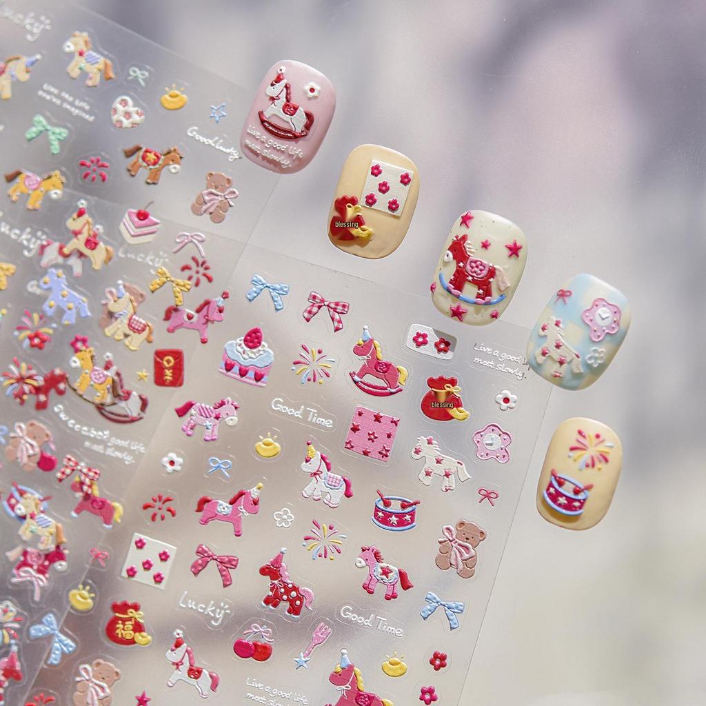 Tomoni Cute Little Horse Embossed Nail Art Stickers - Japanese Trendy Colorful Decor