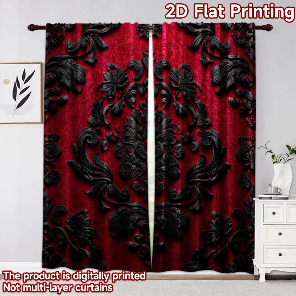 2D Flat Printing 2pcs Curtain Drapes Gothic Red Floral Design Digital Printed Polyester Drapes All Season Party & Holiday Decor