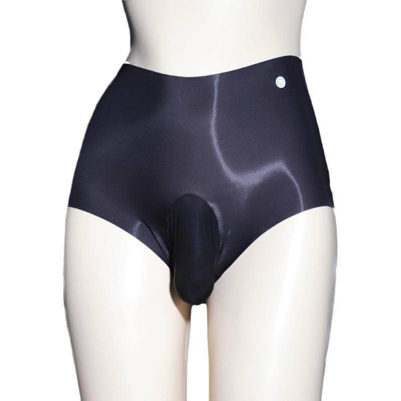 Oil Shiny Silky Panties Men High Waist Seamless Ice Silk Brief Sexy Transparent Bullet Separation Underwear Sissy Pouch Lingerie