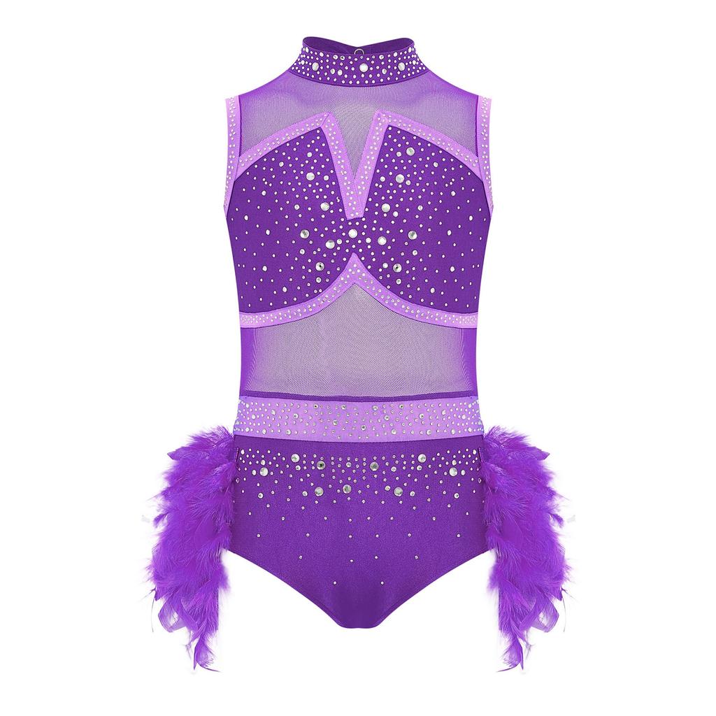 Mädchen Latein Tanzkostüm Ärmellos Ausgeschnittener Rücken Glänzende Strasssteine Colorblock Trikot Federrock Outfit